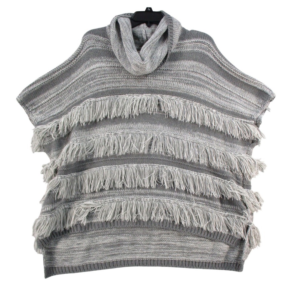 St Johns Bay Womens Grey Striped Fringe Cowl Neck Poncho Sweater Size L XL